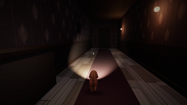 Screenshot from Muddling at Midnight: Penny, a mini doodle, walks down a dark hallway in her flashlight beam